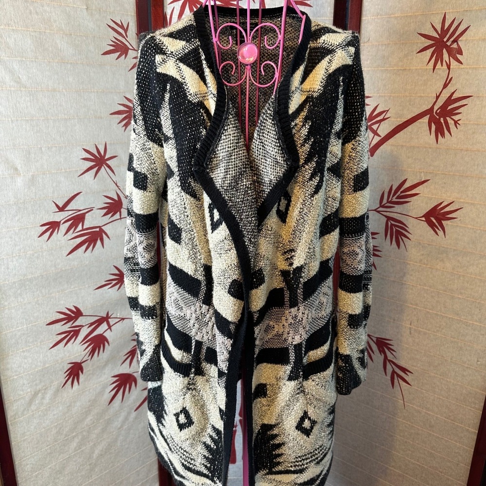 Lucky Brand Boho Geometric Tribal Open Front Cardigan Sweater Black Cream Size S
